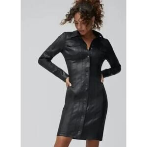 NWOT White House Black Market Coated Denim Shirt Dress Sz 10 Black Moto Chic